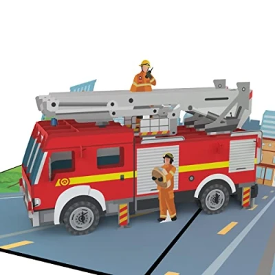 Abbildung von MOKIO® Pop Up Karte Feuerwehrauto 3D Grußkarte zum Geburtstag, Feuerwehr Geburtstagskarte mit Umschlag