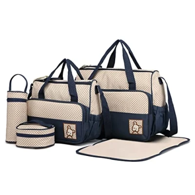 Abbildung von Miss Lulu 5er Set Baby Wickeltasche Babytasche Tasche Mutter Windeltasche Handtasche Schultertasche Flaschenhalter mit wickelunterlage (Marine)