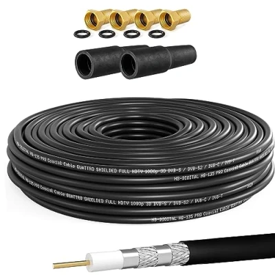 Abbildung von HB DIGITAL 10m Koaxialkabel SAT HQ135 PRO inkl. 2x Gummitüllen + 4x F Stecker vergoldet GRATIS dazu Satellit Antennenkabel 4 Fach geschirmt für DVB S/S2 C/C2 T/T2 DAB+ Radio BK Anlagen