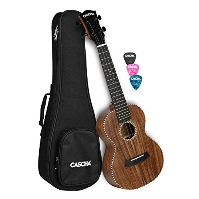 Abbildung von CASCHA All Solid Acacia Konzert Ukulele 23 Zoll I hochwertiges Set mit 3 Plektren &amp; Tasche markantes Design warmer Klang ideal für Anfänger Fortgeschrittene Kleine Hawaii Gitarre
