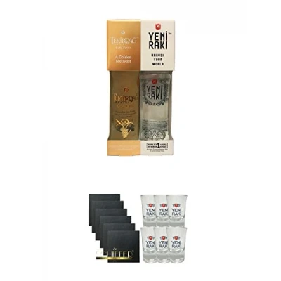 Abbildung von Yeni Raki 0,35 Liter + Tekirdag Gold Türkei in Geschenkverpackung Schiefer Glasuntersetzer eckig 6 x ca. 9,5 cm Durchmesser Shot Gläser 6er Set mit Eichstrich