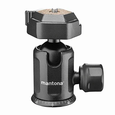 Abbildung von Mantona Basic TBH 2. VI Kugelkopf 360 Grad Panorama mit Schnellwechselplatte, Traglast 8 kg, Gewicht nur 330 g, Aluminium, für Fotostative, DSLR und DSLM Kamera