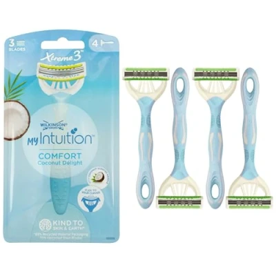 Abbildung von Wilkinson Sword MyIntuition Comfort Coconut Delight Xtreme 3 Einwegrasierer Rasierer mit flexiblen Klingen für Frauen Komfortable Haarentfernung Gleitstreifen Packung 4 Stück