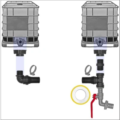 Abbildung von IBC Container Tank Verbinder Kupplung Schlauch Regen Wasser Winkel T Stück S60x6 Ausführung &gt; Set4 für 2 + Hahn4