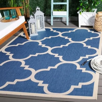Abbildung von SAFAVIEH Spalier Teppich für Drinnen &amp; Draussen Courtyard Collection, Kurzer Flor, Blau und Beige, 160 X 231 cm