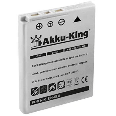 Abbildung von Akku King kompatibel mit Nikon EN EL8 Li Ion 650mAh für Coolpix P1, P2, S1, S2, S3, S5, S50, S50c, S51, S51c, S52, S52c, S6, S7, S7c, S8, S9
