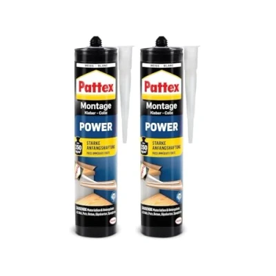 Abbildung von Pattex Montagekleber Power, Baukleber mit starker Anfangshaftung, Kraftkleber für saugende Materialien, Kleber innen &amp; außen, 2 x 370g