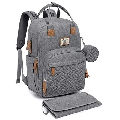 Abbildung von RUVALINO Baby Wickelrucksack Wickeltasche Rucksack mit tragbarer Wickelauflage, Schnullerhalter und Kinderwagengurten, Babytasche Multifunktional für Mama Papa, Grau