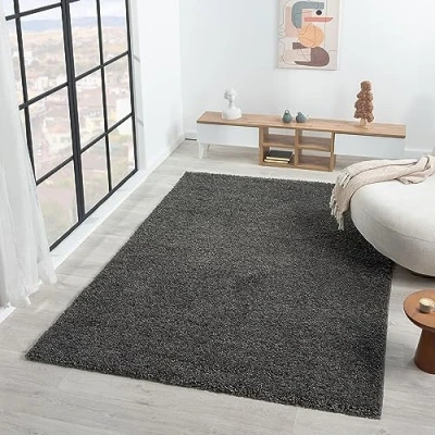 Abbildung von VIMODA Prime Shaggy Teppich Farbe Anthrazit Hochflor Langflor Teppiche Modern, Maße:Ø 160 cm Rund