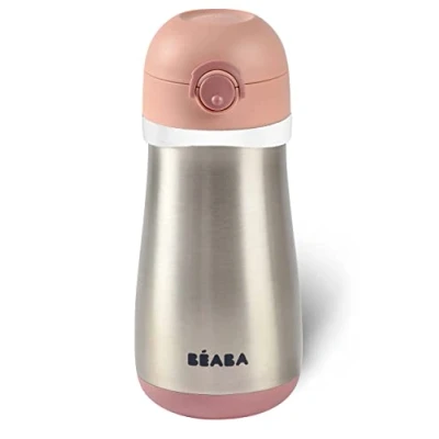 Abbildung von BÉABA, Inox Trinkflasche für Kinder 2 in 1, Trinkflaschen /Glasfunktion, Push Button einfaches Öffnen, Stabil, Gesund, Abnehmbare Griffe, Kalt /Warmhaltefunktion, 350ml, Old Pink