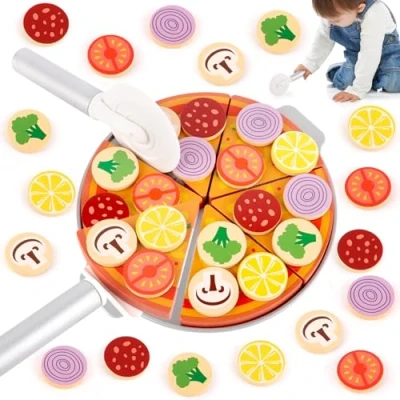 Abbildung von TNOMSNO Pizza Set Holz, Kinderküche Zubehör Holz mit Pizzaschneider, Spachtel Platte