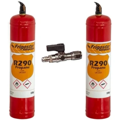 Abbildung von 2 Flaschen R290 370 g zum Nachfüllen des Kühlschranks + Auslaufhahn 1/4&quot; M