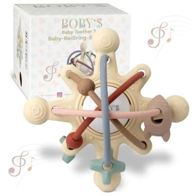 Abbildung von BOBY&#039;S sensorischer Baby Beißring Navajo White/Motorikspielzeug aus BPA freiem Silikon/Zahnhilfe für und Rassel in einem/multifunktionales Spielzeug leicht zu reinigen