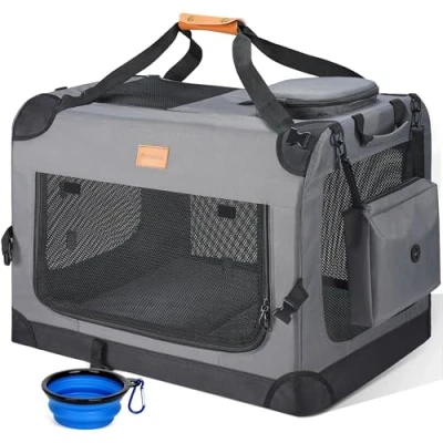 Abbildung von Morpilot Große Transportbox für Hunde und Katzen, weiche Seiten, Faltbare Autobox max. 32 kg, mit faltbarem Napf, Schultergurt Aufbewahrungstaschen, Grau