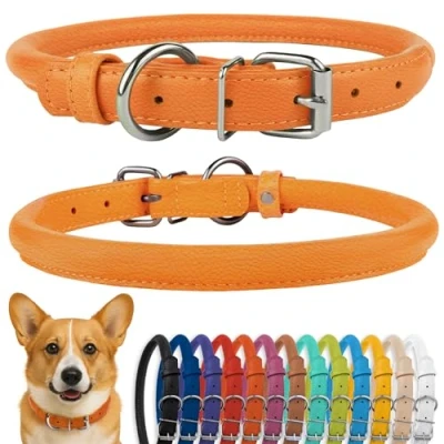 Abbildung von CollarDirect Rundes Leder Hundehalsband, weich gepolstert gerollt, handgefertigtes Echtleder Halsband für Hund Welpe Katze Klein Groß Schwarz Rosa Rot Lila Blau