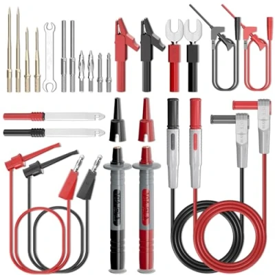Abbildung von Cleqee 25 Stück Silikon Multimeter Messleitungen mit austauschbarem, vergoldetem, scharfem Präzisions Messfühler, Krokodilklemmen, Messhaken und Prüfspitzen zum Durchstechen von Leitungen