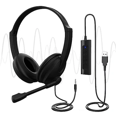 Abbildung von U17D USB Headsets mit Mikrofon, 3 m Länge, Geräuschunterdrückung, Stereo Kopfhörer für PC, Laptop, USB/3,5 mm, Mehrzweck Call Center