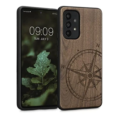 Abbildung von kwmobile Hülle kompatibel mit Samsung Galaxy A53 5G Holz Case Handy Cover TPU Handyhülle in Dunkelbraun Kompass Vintage