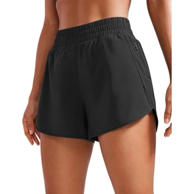 Abbildung von CRZ YOGA Damen Kurz Sporthose Laufhose High Waist Fitness Sport Shorts Kurze Hose mit Reißverschlusstasche Schwarz 44
