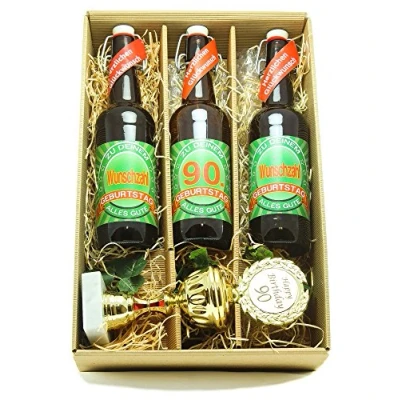 Abbildung von Bier Geschenk Präsentkarton mit und Pokal 90. Geburtstag