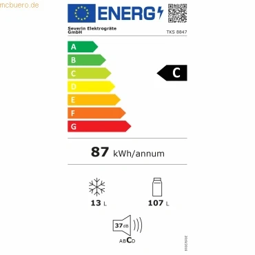 Abbildung von SEVERIN Tischkühlschrank mit 120 L Nutzinhalt &amp; 4* Gefrierfach, Tabletop integrierter LED Beleuchtung + Schublade für Obst und Gemüse, Nutzinhalt, 39 dB, weiß, VKS 8847 [EEK D]