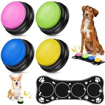 Abbildung von REAQUE Buzzer with Recording Function, Pack of 4 Buzzers Sound, Sound Button for Dogs, Function Interacting Dogs (4 Stück mit Kissen)