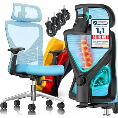 Abbildung von KESSER® Bürostuhl Ergonomisch mit verstellbaren Armlehnen Drehstuhl Lendenwirbelstütze Rückenschonend Schreibtischstuhl Kopfstütze Office Chair Wippfunktion bis 125 5X Gummirollen
