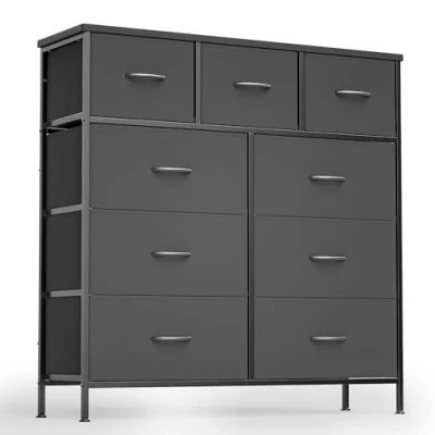 Abbildung von Xbro Kommode mit Schubladen, Schrank 9 Schubladen aus Stoff, Aufbewahrungsschrank für Kleiderschränke, Schlafzimmer Schlafzimmer, Wohnzimmer, Diele (Dunkelgrau)