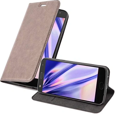 Abbildung von Cadorabo Hülle kompatibel mit Motorola Moto Z2 Play / Force aus Kunst Leder Flip Klappbare Magnetische [Kartenfächern] Cover für Tasche in Braun