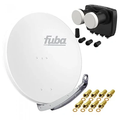 Abbildung von Digital Sat Anlage 2 Satelliten Astra/Hotbird 4 Teilnehmer Fuba DAA850W Schüssel 85cm weiß + DUR line MB6 QS Monoblock Quad LNB 6 (DVB S2, HDTV, 4K/8K, 3D) 8xF Stecker vergoldet