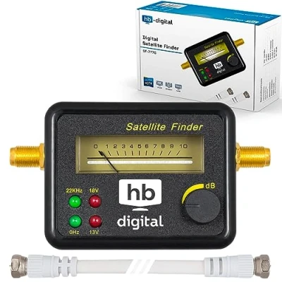 Abbildung von HB DIGITAL SATFINDER mit 4 LED analoger Anzeige, vergoldeten Anschlüssen und Tonsignal + F Verbindungskabel Deutsche Anleitung