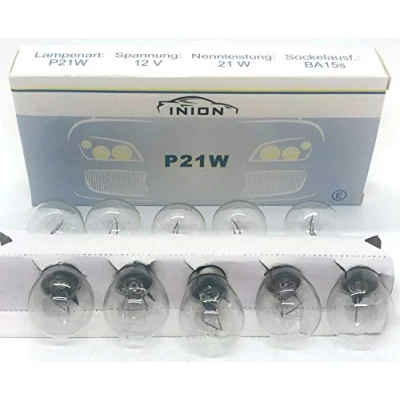 Abbildung von INION 10x Stück P21W BA15s 12V 21W KFZ Beleuchtung Glühlampe Kugellampe Bremslichtlampe Nebelschlusslampe Rückfahrlicht Tagfahrlicht Glühbirne Soffitte Autolampen/chiavi