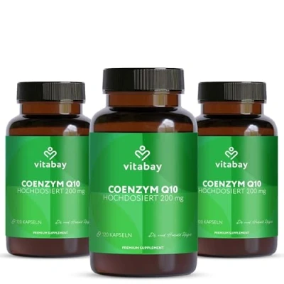 Abbildung von Vitabay Coenzym Q10 Kapseln 200mg Hochdosiert 360 Vegan &amp; Laborgeprüft enthält 100% natürliches ohne unerwünschte Zusatzstoffe