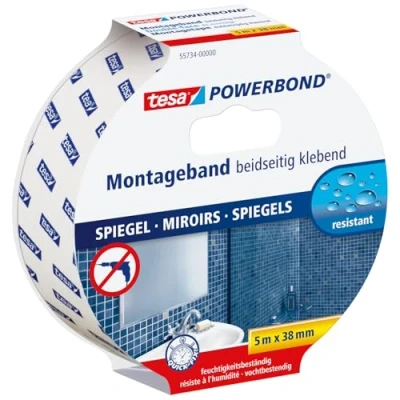 Abbildung von tesa Powerbond MIRROR Doppelseitiges Montageband zur Fixierung von Spiegeln Feuchtigkeitsbeständiges Klebeband für Bad und Dusche 5 m x 38 mm