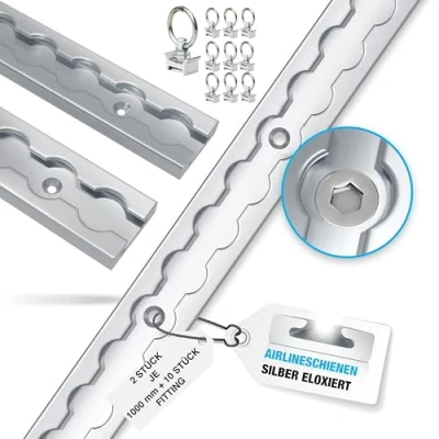Abbildung von NTG 2 Stück 1 m Alu Airlineschiene Zurrschiene eckig mit Bohrungen 1000mm inkl. 10 Fitting Ladungssicherung für Anhänger, LKWs und Wohnmobile Silber eloxiert