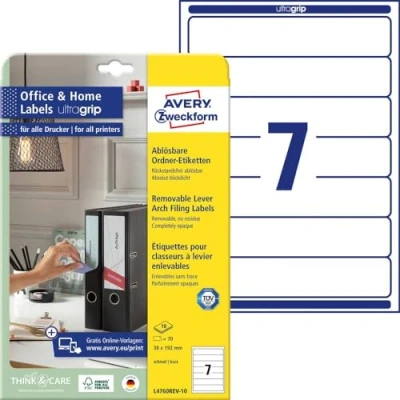 Abbildung von AVERY Zweckform L4760REV 10 Ordnerrücken Etiketten (70 Rückenschilder mit ultragrip, 38x192mm auf A4, wiederablösbar, schmal/kurz, selbstklebend, blickdicht, bedruckbare Aufkleber) Blatt, weiß