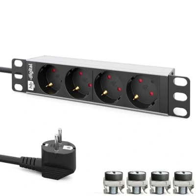 Abbildung von hb digital 10 Zoll Steckdosenleiste 4 Fach für Serverschrank 1HE Aluminiumprofil 230 VAC / 16 A Netzwerkschränke Serverschranke mit Befestigung kompakte Energieverteilung und Überlastschutz