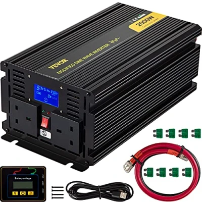 Abbildung von VEVOR Spannungswandler, 2000 W Reiner Modifizierte Sinus Wechselrichter, 12 V DC / 240 AC, LED Anzeigen 4000 W, LCD Bildschirm, 0,3 A, 330 x 167 120 mm, 2 Batteriekabel, Schwarz