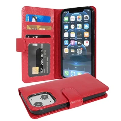Abbildung von Cadorabo Hülle kompatibel mit Apple iPhone 13 Mini aus Premium Kunst Leder Flip Klappbare Stoßfeste Magnetische [Standfunktion] [Kartenfächern] Cover für Tasche in Rot