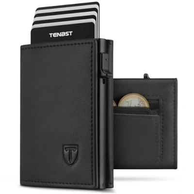 Abbildung von TENBST Geldbörse Herren mit RFID Schutz, Slim Wallet Münzfach, 10 Karten Portmonee Geldbeutel Herren, Magnetischer Wallets for Men, Kreditkartenetui Klein with Gift Box Schwarz (Schwarz)