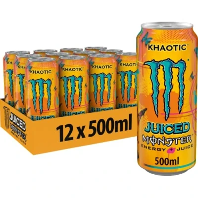 Abbildung von Monster Energy Juiced Khaotic koffeinhaltiger Drink mit tropischem Zitrus Geschmack in praktischen Einweg Dosen (12 x 500 ml)