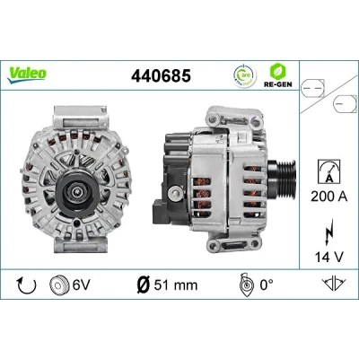 Abbildung von VALEO 440685 Lichtmaschine 14V 200A MERCEDES BENZ: C Klasse T modell, Sprinter 3.5 Kastenwagen, E Limousine kfzteile, kfzteile24, bandel