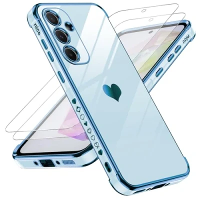 Abbildung von LeYi Hülle für Samsung Galaxy A35 5G Handyhülle mit 2*Schutzfolie, Cute Herz Muster TPU Silikon Galvanik Stoßfest Schutzhülle Cover Case, Kameraschutz Kratzfest A 35 Blau
