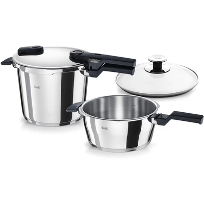 Abbildung von Fissler Vitaquick / Schnellkochtopf Set, 3 teilig (2 Schnellkochtöpfe mit Metalldeckel 3,5 L + 6 Liter ,1 Zusatz Glasdeckel) Induktion