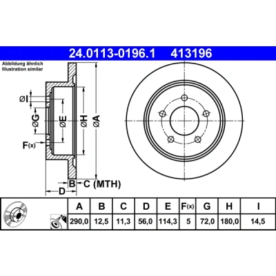 Abbildung von ATE 24.0113 0196.1 Bremsscheibe 290,0 12,5 5 114,3 voll beschichtet CHRYSLER: Voyager 4, Grand IV, / 3