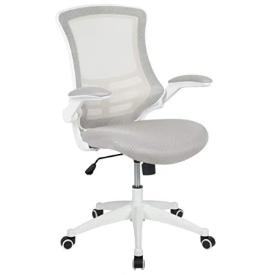 Abbildung von Flash Furniture Drehstuhl, mittelhoch, ergonomisch, Mesh mit weißem Gestell und klappbaren Armlehnen, Schaumstoff, Metall, Kunststoff, Holzwerkstoff, hellgraues Mesh/weißes Gestell, 1 Stück