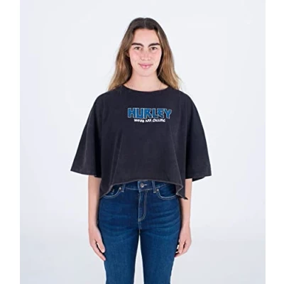Abbildung von Hurley Damen Oceancare Tour Cropped kurzen Ärmeln T Shirt, Schwarz, S
