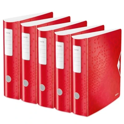 Abbildung von Leitz Qualitäts Ordner 180 Active WOW, Metallic Rot, 5er Pack, A4 Ordner, gebogener Rücken, 82 mm Breite, elastische Befestigung, leichtes Polyfoam Material, 11060026