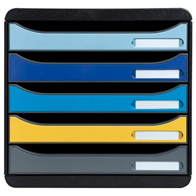 Abbildung von Exacompta 3094202D Ablagebox BeeBlue aus Recycling Kunststoff mit 5 Schubladen für DIN A+ Dokumente. Belastbare Schubladenbox mehr Platz auf dem Schreibtisch. Big Box Plus Blauer Engel
