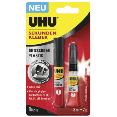 Abbildung von UHU Bastelkleber Sekundenkleber Plastik Tube 2 g + Aktivator 3